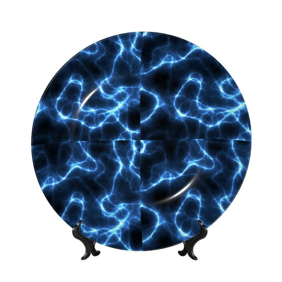 Picia Blue Lightning Pattern Bone China Decorative Plate – Wall Decor with Stand and Adhesive, Elegant Ornament for Living Room, Office, or Entryway-8in