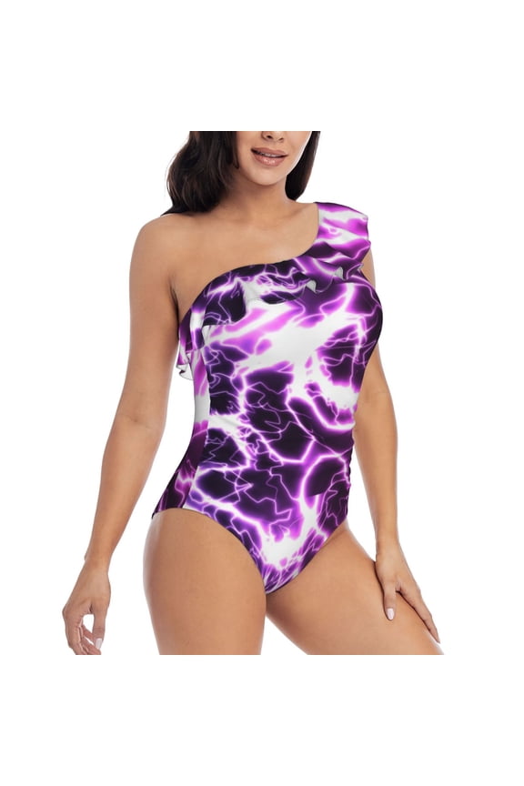 Blue Lightning Pattern Women's One Piece Swimsuits,One Shoulder Swimwear Asymmetric ,Ruffle Monokinis Bathing Suits,High Waisted Flattering Bathing Suits-Medium