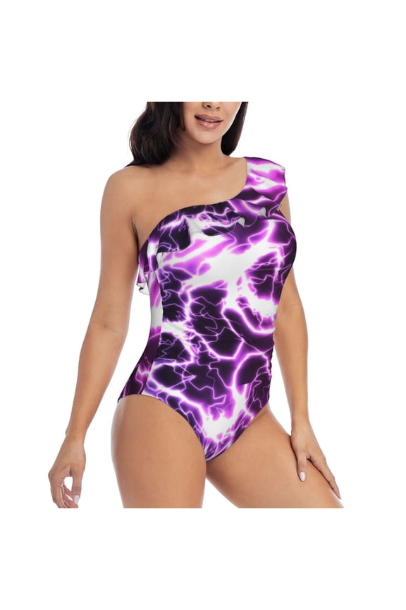 Blue Lightning Pattern Women's One Piece Swimsuits,One Shoulder Swimwear Asymmetric ,Ruffle Monokinis Bathing Suits,High Waisted Flattering Bathing Suits-Small