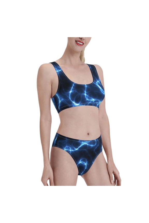 Blue Lightning Women's High Waisted Bikini Scoop Neck Swimsuit Two Pieces Bathing Suit-Small