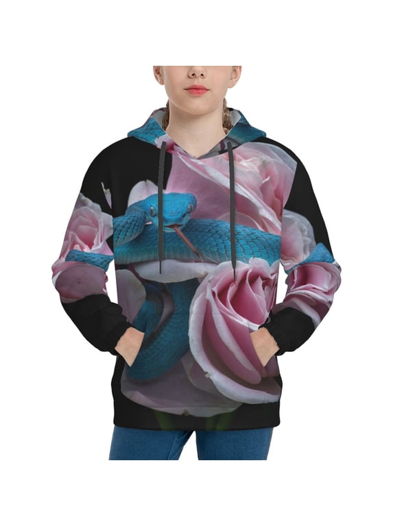 Blue Lipped Pit Viper And Three Pink Roses Pattern Youth Hoodie - Warm Pullover Sweatshirt with Kangaroo Pocket, Ideal for Boys and Girls-Large