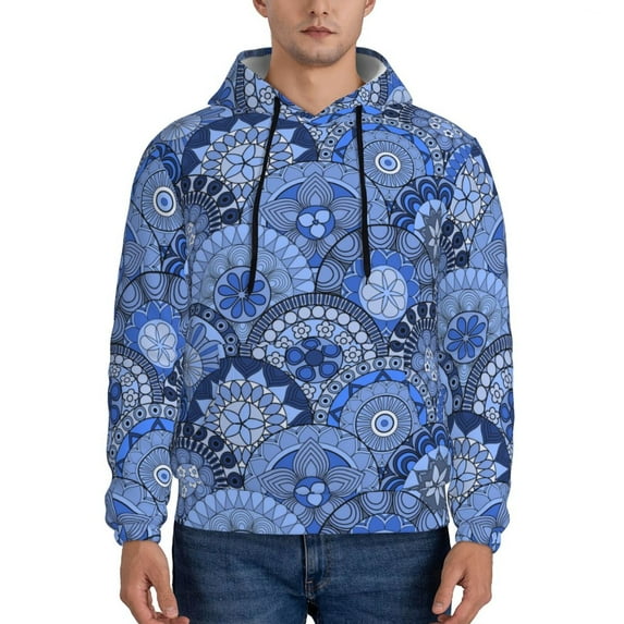 Picia Blue Mandala Harmony Pattern Casual Men's Hoodie - Lightweight Hooded Sweatshirt with Kangaroo Pocket, Comfortable Pullover for Everyday, Travel-X-Large