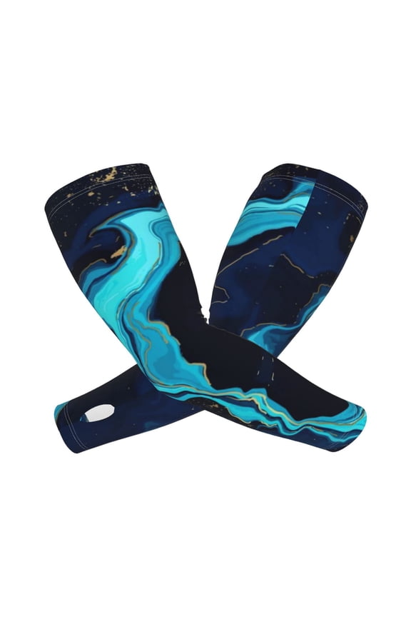Blue Marble And Gold Arm Sleeves for Men and Women - Tattoo Cover Up UPF 50+ Cooling Sports Sleeve for Basketball Golf Football-One Size