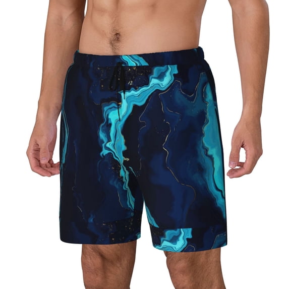 Picia Blue Marble And Gold pattern Mens Swim Trunks with Compression Liner Stretch Beach Shorts Quick Dry with Zipper Pockets No-Chafing Board Shorts-3X-Large