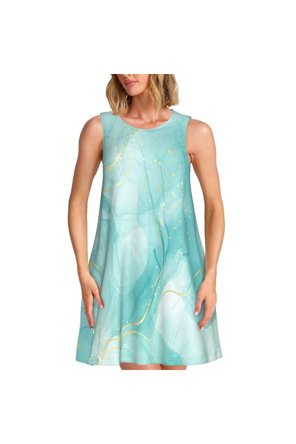 Blue Marble Print Women’s Sleeveless Midi Swing Dress – A-Line Pleated Tank Sundress, Comfortable and Flowy T-Shirt Dress