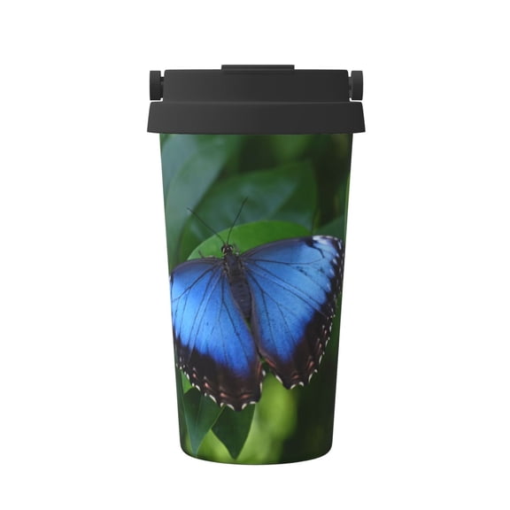 Picia Blue Morpho butterfly Pattern 500ml Carry Insulated Coffee Mug, Stainless Steel Travel Mug with Hidden Handle, Leak-Proof for Car, Office, Home, and Outdoor Use