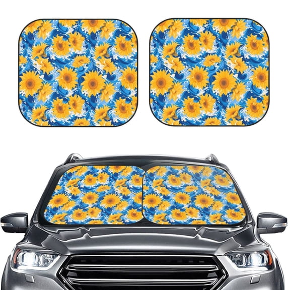 Picia Blue Ocean Wave Sunflower 2 Piece Car Windshield Sun Shade Foldable | Foldable Sun Shield for Front Window Blocks UV Rays and Keeps Your Vehicle Cool-Large