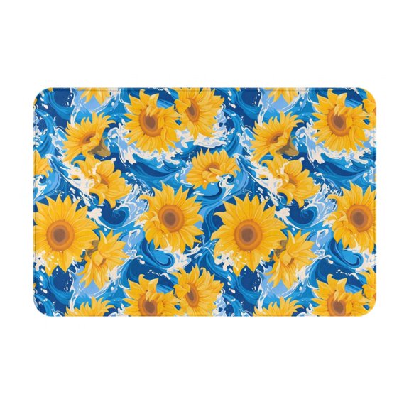 Picia Blue Ocean Wave Sunflower Pattern Flannel Doormat  16x24 Inch Non-Slip Indoor Mat, Absorbent & Quick-Dry Rug for Entryway, Bathroom, Kitchen, and Bedroom, Machine Washable