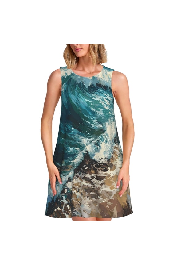 Blue Ocean Waves Print Women’s Sleeveless Midi Swing Dress – A-Line Pleated Tank Sundress, Comfortable and Flowy T-Shirt Dress