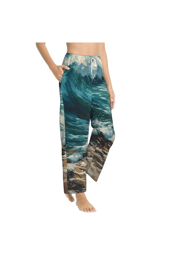 Blue Ocean Waves Womens Soft Woven Cotton Elastic Waistband Sleep Pajama Pant Lounge Sleep Pant With Pockets And Drawstring-Small