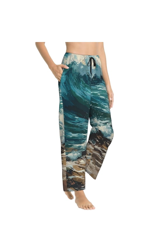 Blue Ocean Waves Womens Soft Woven Cotton Elastic Waistband Sleep Pajama Pant Lounge Sleep Pant With Pockets And Drawstring-Small