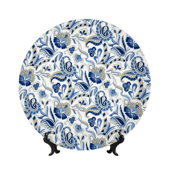 Picia Blue Paisley Pattern Bone China Decorative Plate – Wall Decor with Stand and Adhesive, Elegant Ornament for Living Room, Office, or Entryway-7in