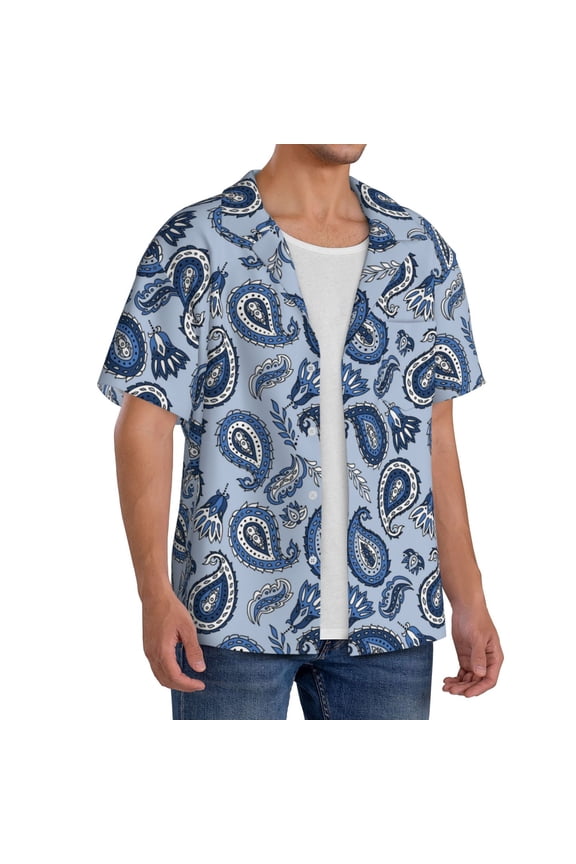 Blue Paisley Pattern Vintage Men's Linen Shirts Short Sleeve Cuban Beach Shirts Casual Shirts Button Down Shirt for Men Beach Summer Wedding Shirt-4X-Large