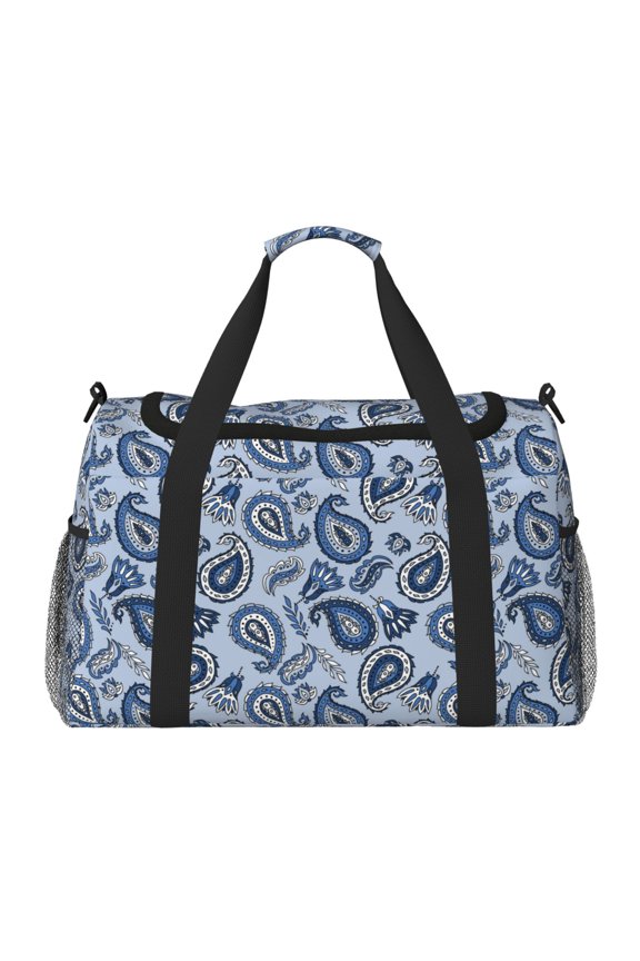 Blue Paisley Pattern Vintage Print Travel Duffle Bag,Weekender Bags for Women with Shoe Compartment, Gym Duffel Bag with Wet Pocket, Hospital Bags for Labor and Delivery