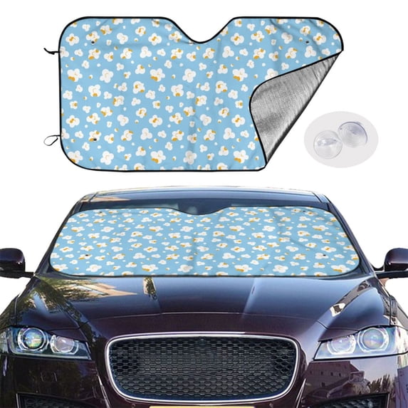 Picia Blue Popcorn Curved Windshield Sunshade Accordion Folding Style Auto Shade for Car Truck SUV Van Blocks UV Ray Sun Visor Protector -Medium