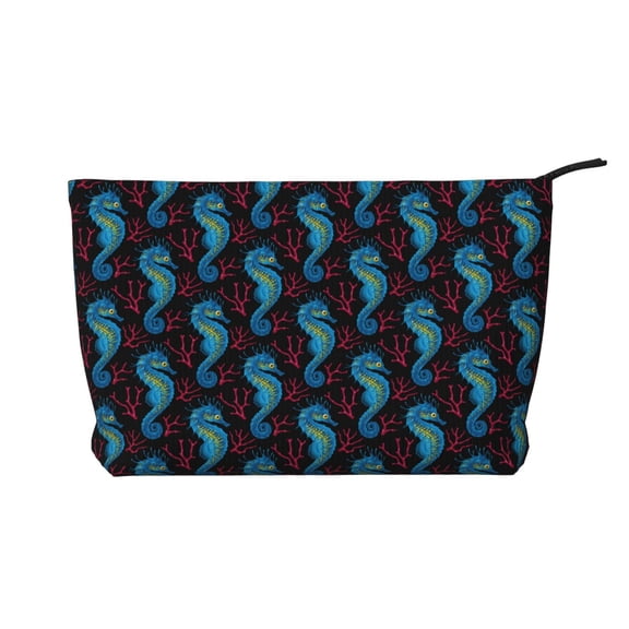 Picia Blue Seahorse Printed Cosmetic Bags for Women Makeup Bag Large Capacity Purse Travel Toiletry Zipper Storage Pouch Make up Brushes Organizer for Gifts