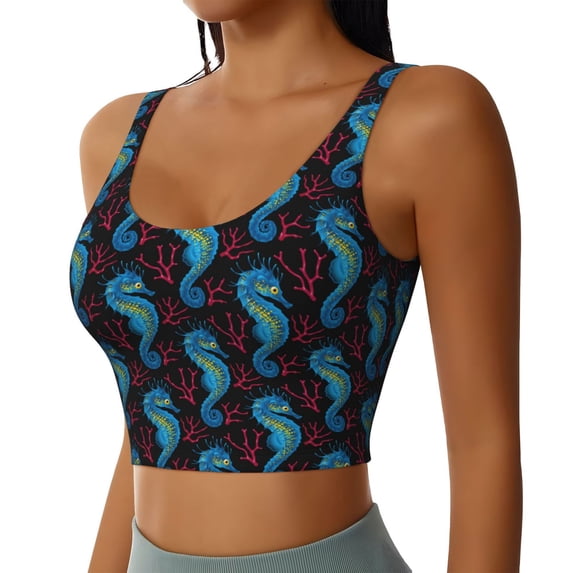 Picia Blue Seahorse Sports Bra for Women,Padded Strappy Sports Bras Medium Support Yoga Bra with Removable Cups,Running Yoga Bra-Large