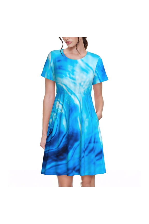 Blue Shell Pattern Women's Short Sleeve Summer Dress Pleated Loose Swing Knee Length Short Sleeve Swing Dresses