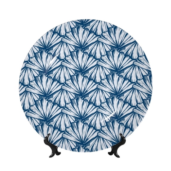 Picia Blue Shells Pattern Bone China Decorative Plate – Wall Decor with Stand and Adhesive, Elegant Ornament for Living Room, Office, or Entryway-7in