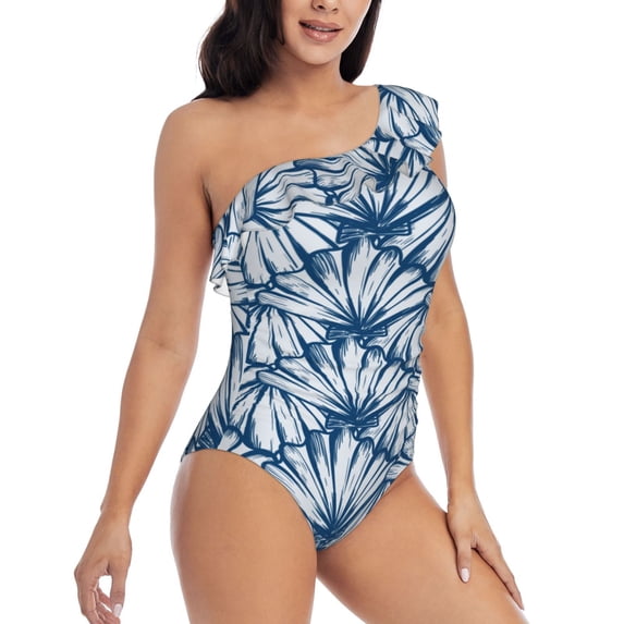 Picia Blue Shells Pattern Women's One Piece Swimsuits,One Shoulder Swimwear Asymmetric ,Ruffle Monokinis Bathing Suits,High Waisted Flattering Bathing Suits-X-Large
