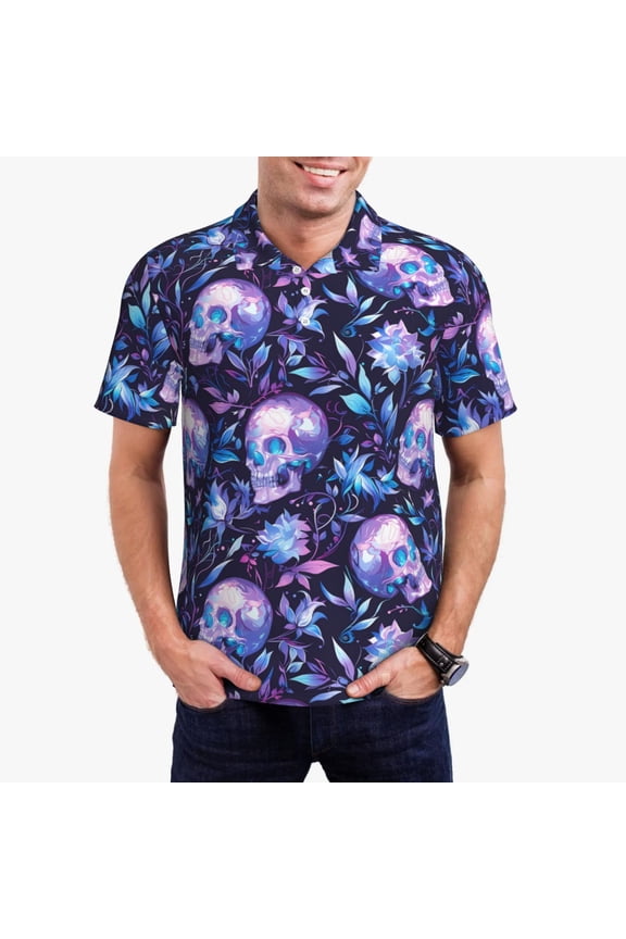 Blue Skull Crystal Print Men's Polo Shirt, Two-Button Closure Pique Polo Shirt, Summer Fashion Golf Shirt-Small
