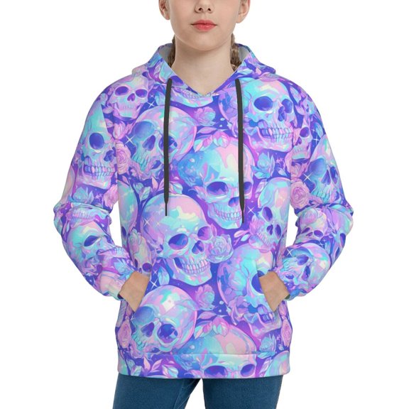 Picia Blue Skull Daisy Pattern Youth Hoodie - Warm Pullover Sweatshirt with Kangaroo Pocket, Ideal for Boys and Girls-Medium