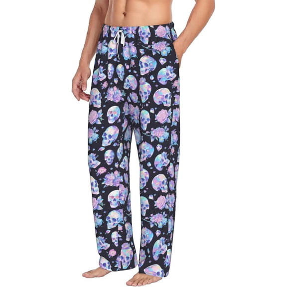 Picia Blue Skull Flower Mens Soft Woven Cotton Elastic Waistband Sleep Pajama Pant Lounge Sleep Pant With Pockets And Drawstring-Medium