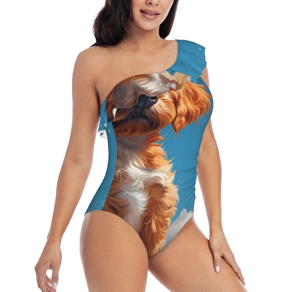 Picia Blue Sky Cloud Puppy Pattern Women's One Piece Swimsuits,One Shoulder Swimwear Asymmetric ,Ruffle Monokinis Bathing Suits,High Waisted Flattering Bathing Suits-X-Large