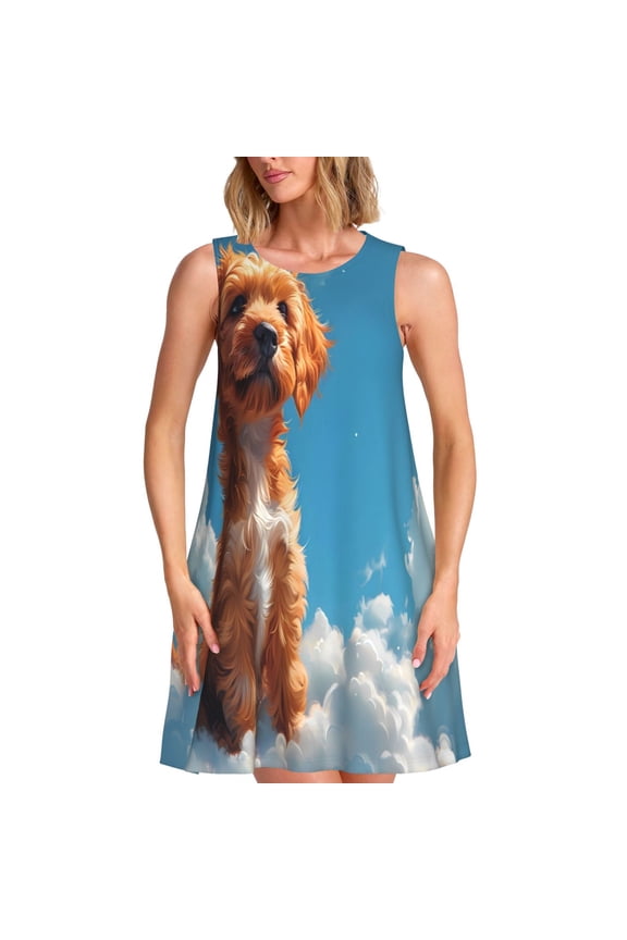 Blue Sky Cloud Puppy Print Women’s Sleeveless Midi Swing Dress – A-Line Pleated Tank Sundress, Comfortable and Flowy T-Shirt Dress