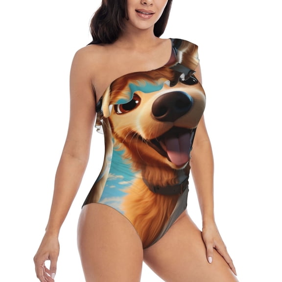 Picia Blue Sky Cute Dog Pattern Women's One Piece Swimsuits,One Shoulder Swimwear Asymmetric ,Ruffle Monokinis Bathing Suits,High Waisted Flattering Bathing Suits-Small