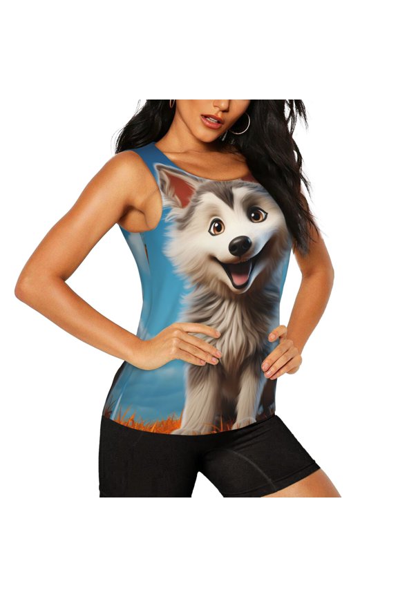 Blue Sky Cute Wolf Pattern Women's Workout Tank Top,Breathable Activewear,Slim Fit Athletic Top,Versatile Workout Moisture-wicking top-Medium