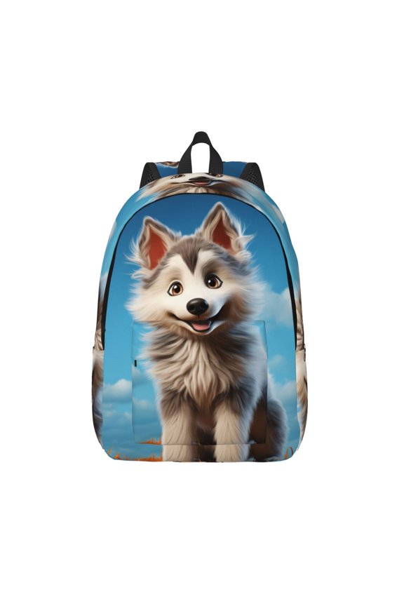 Blue Sky Cute Wolf Printed Canvas Daypack - Stylish and Durable Vintage Compact Backpack - Class, Work, Travel, or Laptop Bookbag,Organized Compartments-Medium