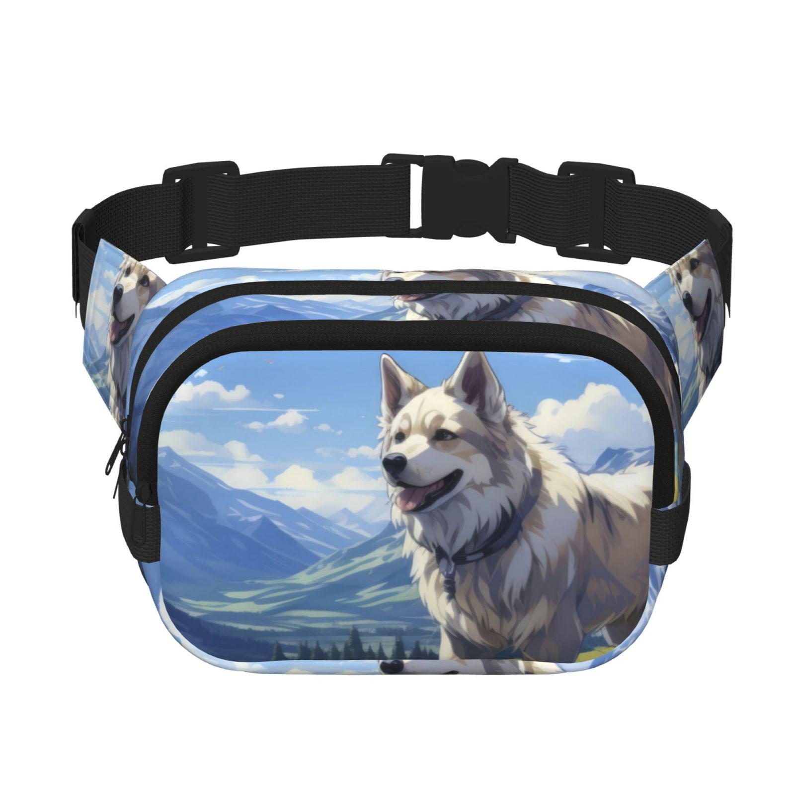Picia Blue Sky Dog Print Square Double-Layer Waist Bag Mini Adjustable Waist Belt Bag Exercise Running Travel Hiking