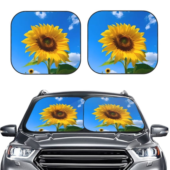 Picia Blue Sky Sunflower 2 Piece Car Windshield Sun Shade Foldable | Foldable Sun Shield for Front Window Blocks UV Rays and Keeps Your Vehicle Cool-Medium