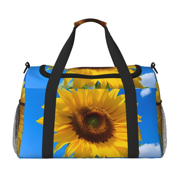 Picia Blue Sky Sunflower Print Travel Duffle Bag,Weekender Bags for Women with Shoe Compartment, Gym Duffel Bag with Wet Pocket, Hospital Bags for Labor and Delivery