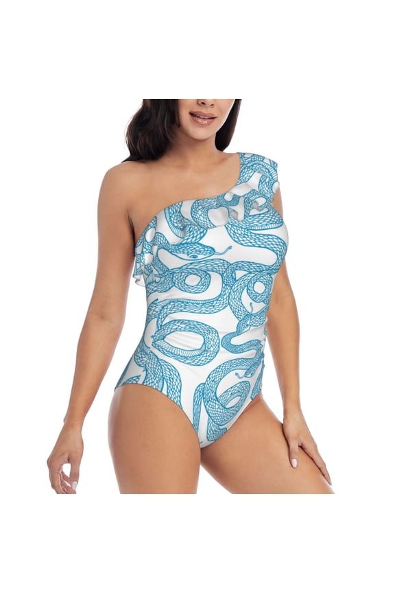 Blue Snake Pattern Women's One Piece Swimsuits,One Shoulder Swimwear Asymmetric ,Ruffle Monokinis Bathing Suits,High Waisted Flattering Bathing Suits-Medium