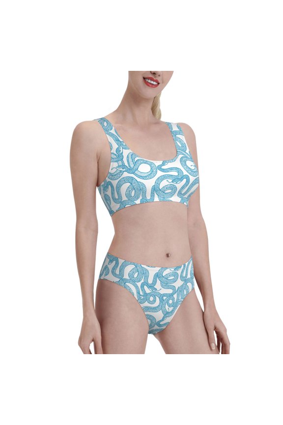 Blue Snake Women's High Waisted Bikini Scoop Neck Swimsuit Two Pieces Bathing Suit-Medium