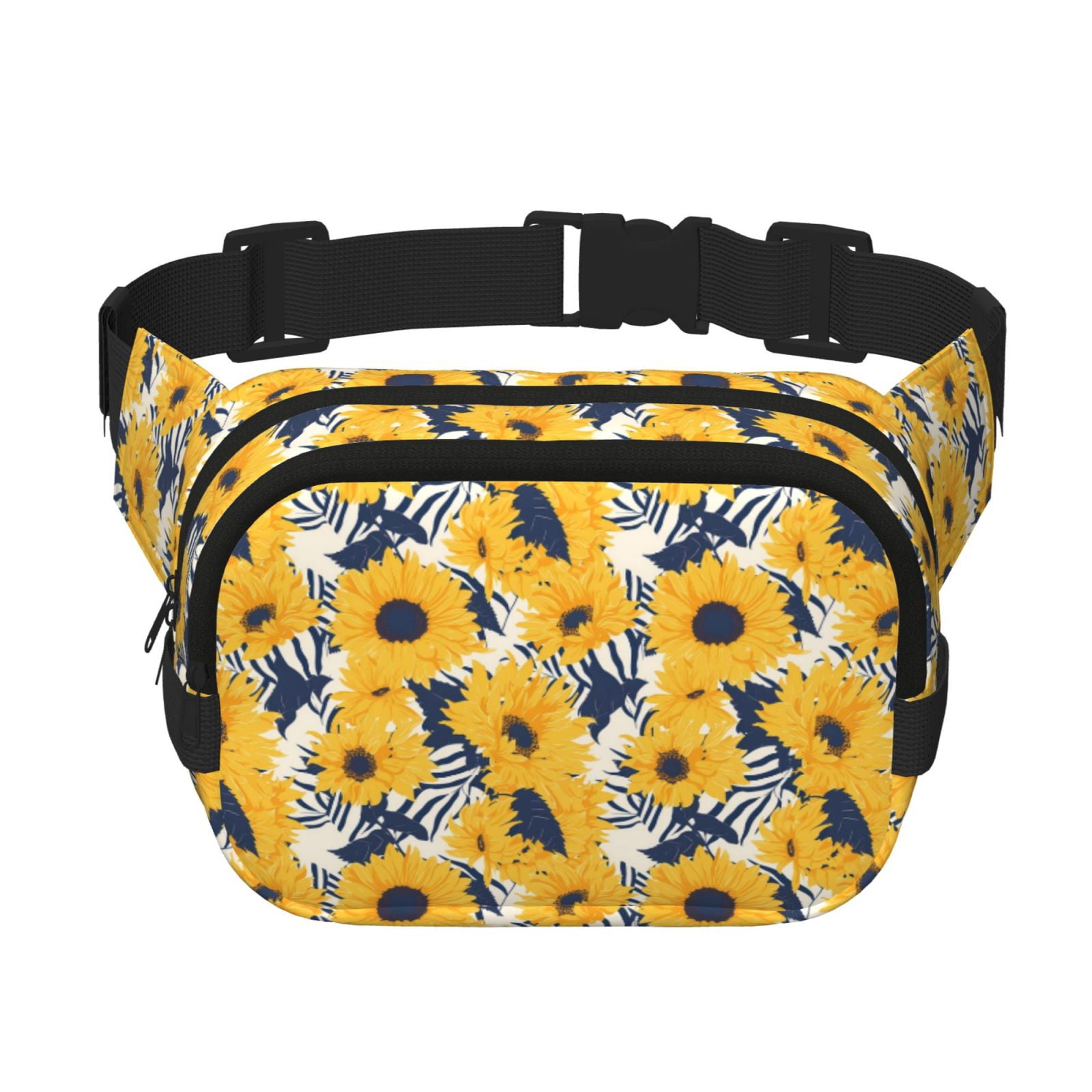 Picia Blue Striped Sunflower Print Square Double-Layer Waist Bag Mini Adjustable Waist Belt Bag Exercise Running Travel Hiking