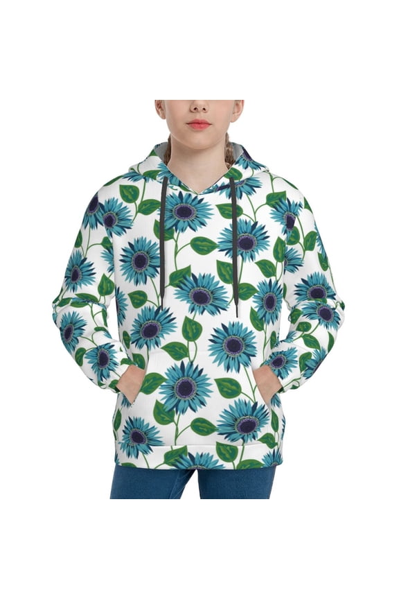 Blue Sunflowers Pattern Youth Hoodie - Warm Pullover Sweatshirt with Kangaroo Pocket, Ideal for Boys and Girls-X-Large