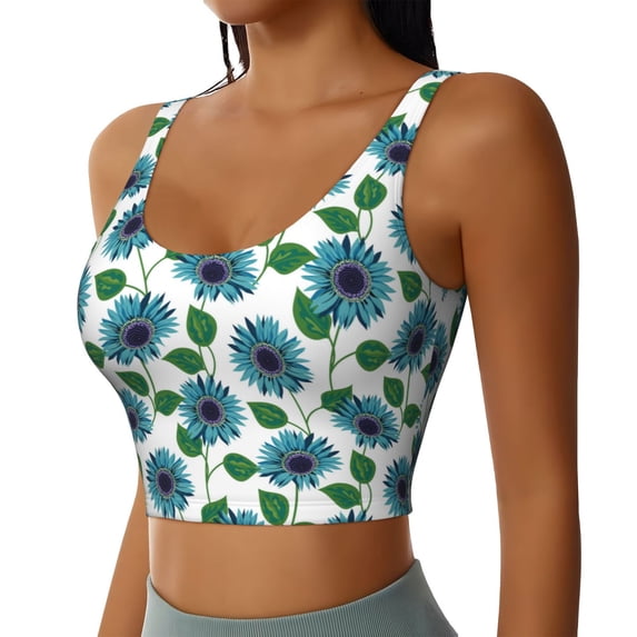 Picia Blue Sunflowers Sports Bra for Women,Padded Strappy Sports Bras Medium Support Yoga Bra with Removable Cups,Running Yoga Bra-Large