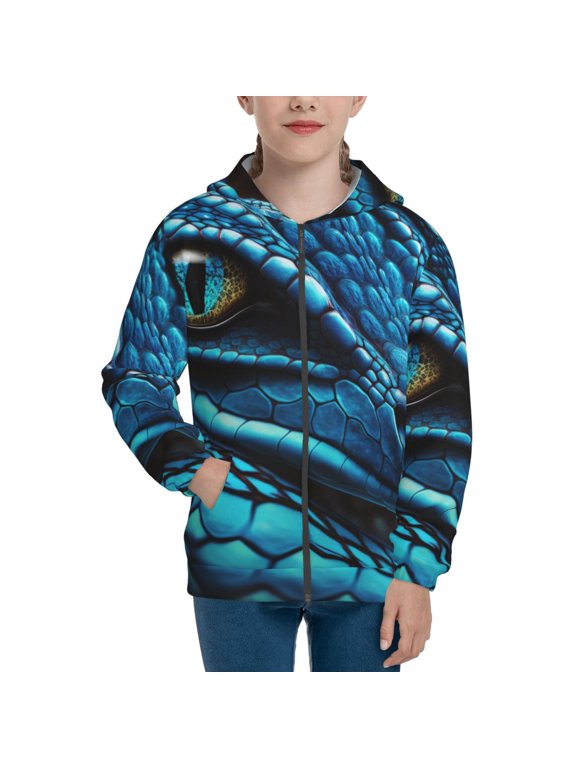 Blue Viper Snake Closeup Face for Boys Fashion Full-zip Hoodies & Sweatshirts with Kangaroo Pocket,Zip-up Hooded Sweatshirt for Kid, Moisture Wicking & Breathable-Small