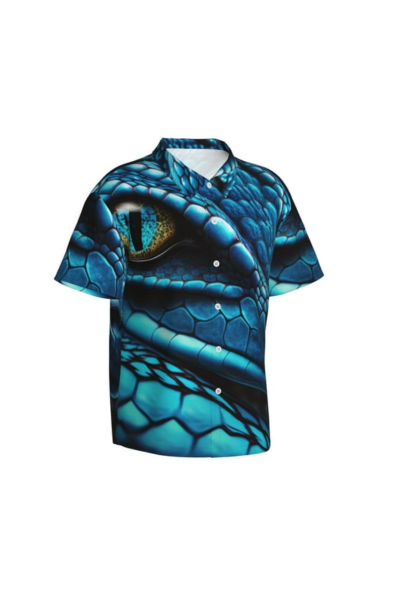Blue Viper Snake Closeup Face Gentle Cotton Regular Fit Short Sleeve Casual Hawaiian Shirt for Men-Large