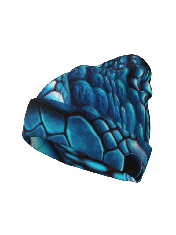 Blue Viper Snake Closeup Face Pattern Knitted Beanie Hat for Men and Women , Unisex Winter Warm Stretchy Knit Cap Thick Fisherman Beanies Cuffed Plain Skull Caps