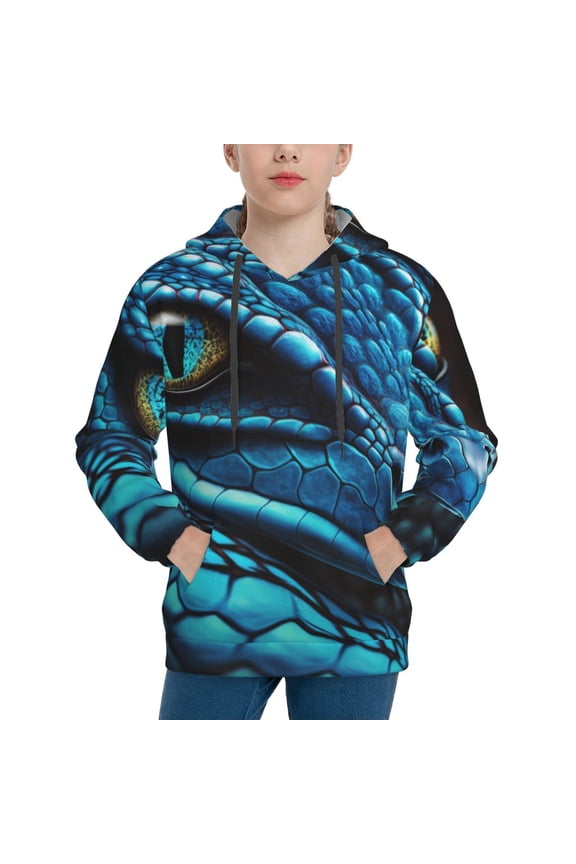 Blue Viper Snake Closeup Face Pattern Youth Hoodie - Warm Pullover Sweatshirt with Kangaroo Pocket, Ideal for Boys and Girls-X-Large