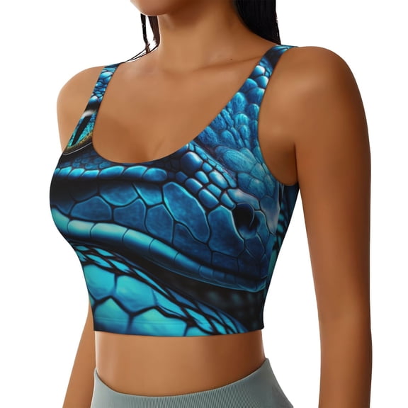 Picia Blue Viper Snake Closeup Face Sports Bra for Women,Padded Strappy Sports Bras Medium Support Yoga Bra with Removable Cups,Running Yoga Bra-Large