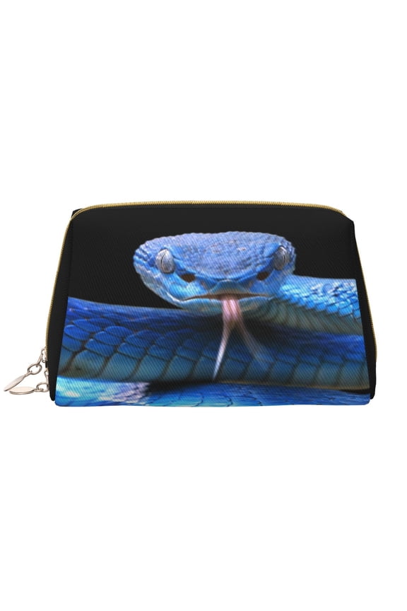 Blue Viper Snake Print Leather Makeup Bag Make Up Bag Travel Toiletry Bag for Her Girlfriend Teacher Teen Girl Gifts
