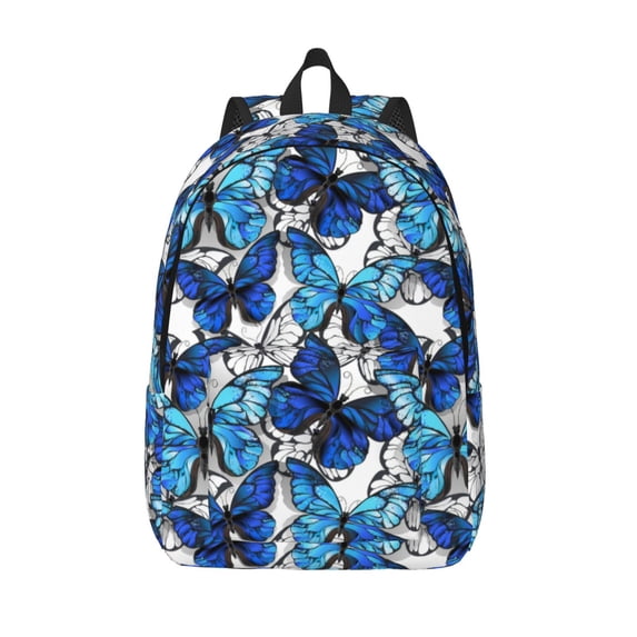 Picia Blue and White Butterflies Printed Canvas Daypack - Stylish and Durable Vintage Compact Backpack - Class, Work, Travel, or Laptop Bookbag,Organized Compartments-Small