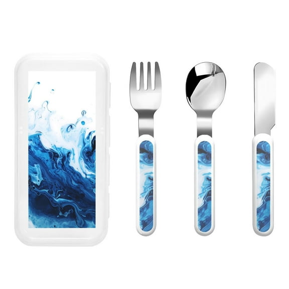 Picia Blue White Fluid Art Print Children's Knife, Fork And Spoon Set - Kids Knife Fork Spoon - Stainless Steel Kids Silverware Set - Metal Kids Cutlery Set