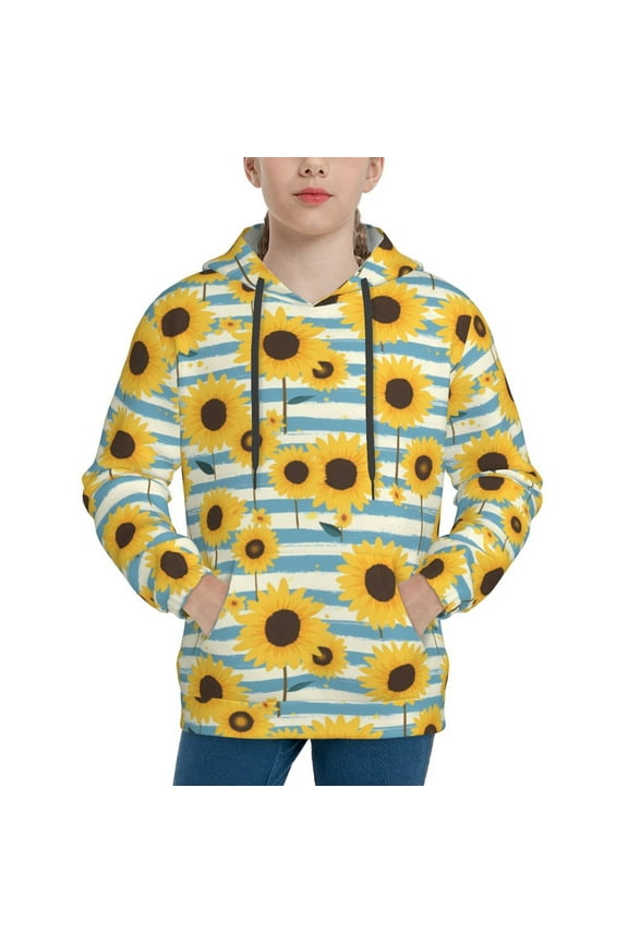 Blue White Striped Sunflower A Pattern Youth Hoodie - Warm Pullover Sweatshirt with Kangaroo Pocket, Ideal for Boys and Girls-Small