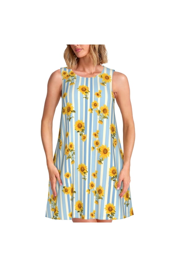Blue White Striped Sunflower Print Women’s Sleeveless Midi Swing Dress – A-Line Pleated Tank Sundress, Comfortable and Flowy T-Shirt Dress